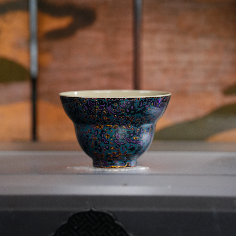 镇窑丨犀皮漆系列姹紫金斑草木灰釉葫芦杯  容量80cc
