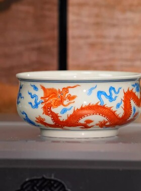 立勤堂丨二号釉青花矾红龙纹炉式杯 容量80cc景德镇陶瓷