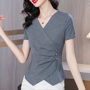 不规则短袖 女装 T恤修身 内搭遮肚子打底衫 上衣女 夏季 洋气小衫 新款