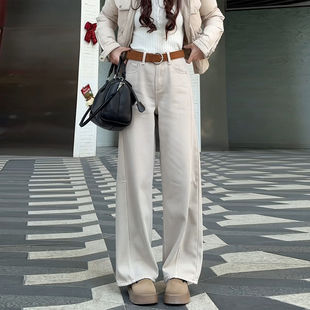 高级灰气质加绒弯刀牛仔裤女2026冬季新款高腰宽松垂感阔腿镰刀裤