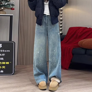 欧货烫钻亮闪闪阔腿牛仔裤女2026冬季韩版时尚重工高级感加绒长裤
