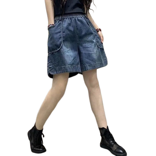 2023夏季大码牛仔短裤女复古休闲时尚扩腿短裤松紧腰宽松百搭热裤