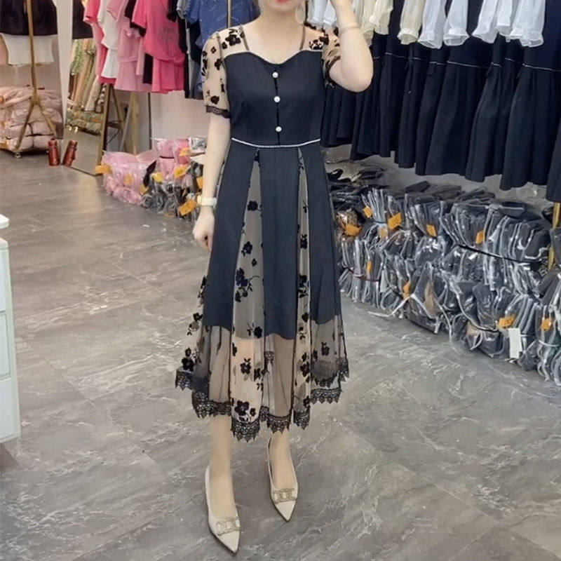 2022新款女夏装连衣裙时尚减龄中长款过膝收腰显瘦网纱拼接连衣裙