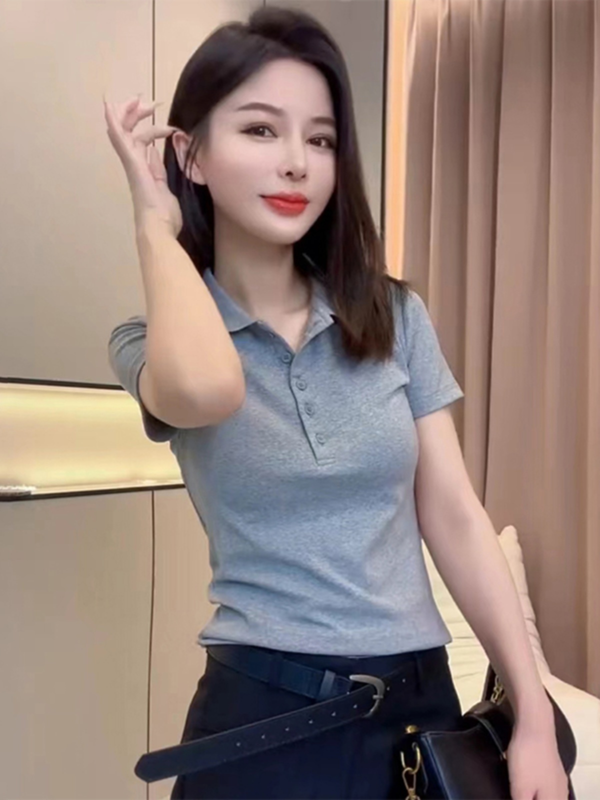 POLO领纽扣短袖正肩女T恤