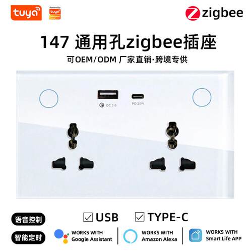 Zigbee涂鸦智能插座多国通用16A3300W支持语音定时USBType-C快充
