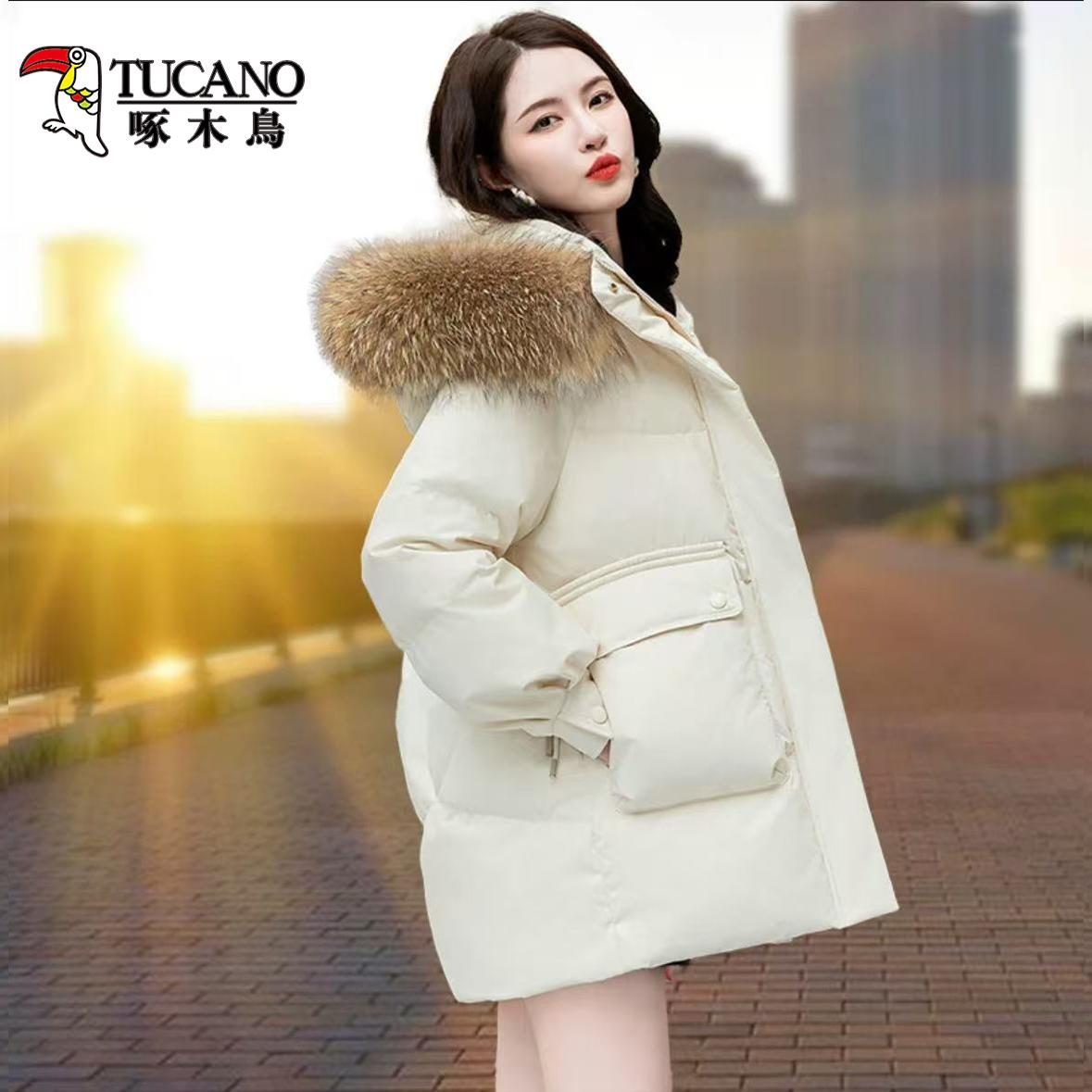 啄木鸟白鸭绒羽绒服女短款2025新款冬季爆款加厚中长款大毛领外套