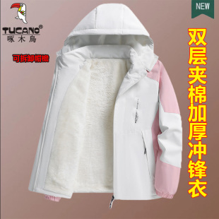 啄木鸟正品 2025加绒加厚棉衣棉服防风雨冲锋衣 冲锋衣外套女秋冬季