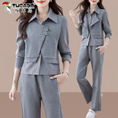 啄木鸟卫衣运动套装 春秋洋气减龄灰色假两件翻领两件套 女2026新款