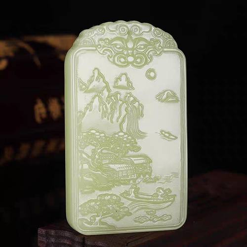 阿富汗山水牌意境玉石白玉吊坠玉佩挂件男女项链青山水牌简约吊坠