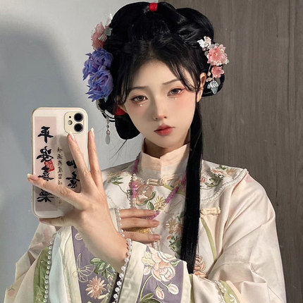 胜清原创清制春秋复原感全开襟重工刺绣倒大袖马面裙旗服女服装