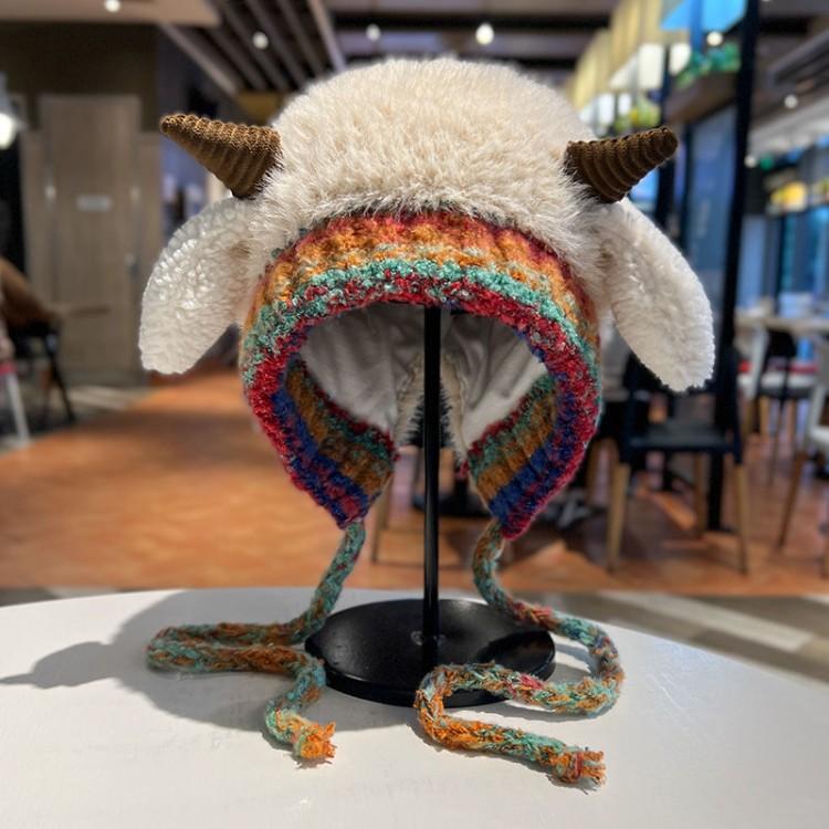 可爱小羊耳朵毛绒针织帽子女秋冬韩版保暖护耳防寒防风套头雷锋帽