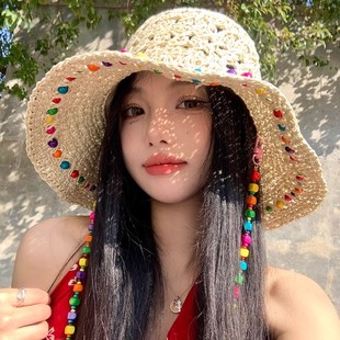 彩色編織草帽女夏季 海邊度假風帽子大帽檐防曬遮陽漁夫帽 2025新款