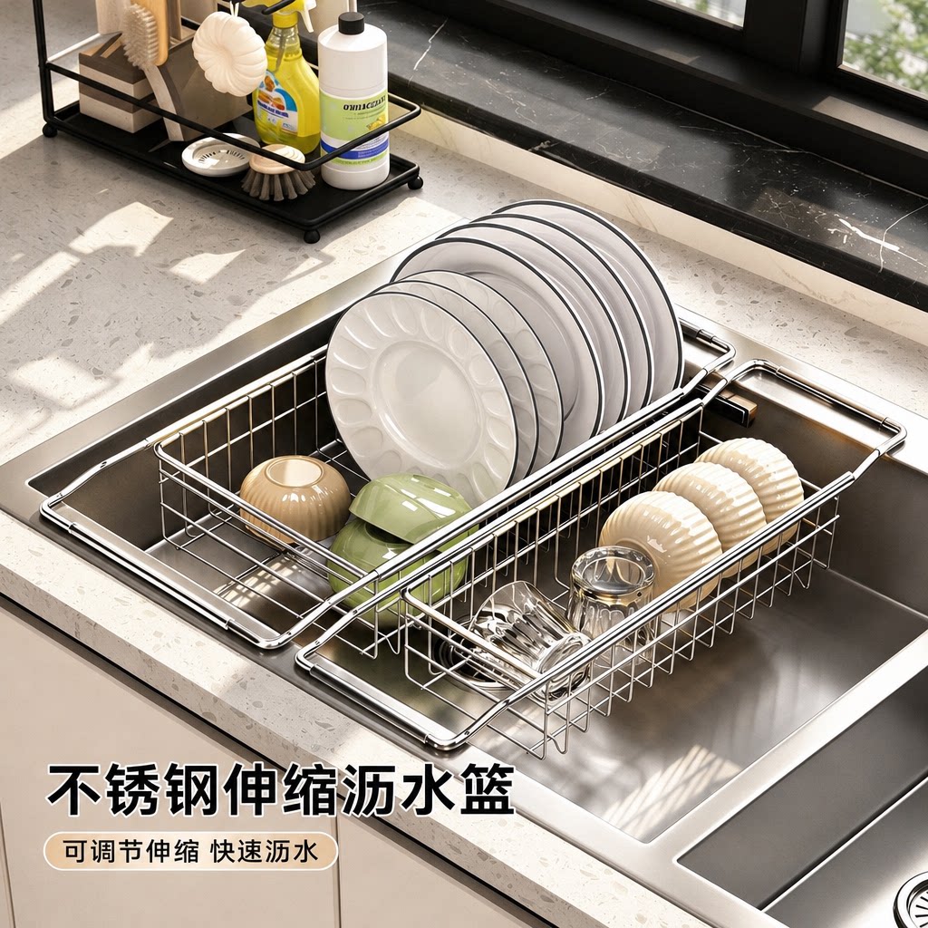 厨房水槽伸缩沥水架不锈钢置物架洗碗池滤干餐具沥水篮碗碟收纳架