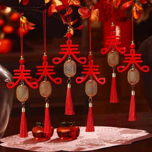 新年红色木牌春字挂件金属灯笼球挂饰店铺客厅绿植小挂饰汽车挂件