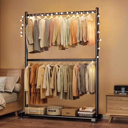 晾衣架落地卧室内简易衣帽架晒衣杆学生宿舍衣服架子家用双层挂衣