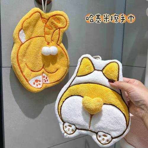 可爱猫狗挂式擦手巾手巾卫生间珊瑚加厚毛巾吸水儿童卡通厨房方巾