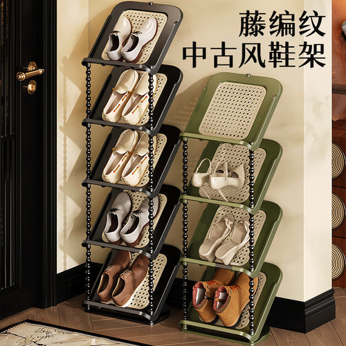中古风鞋架藤编纹理多层家用门口入户小窄简易客厅鞋柜鞋子收纳架