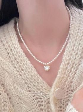 新款浪漫爱心锆石钻项链女士潮品高品施家珍珠轻奢法式锁银针