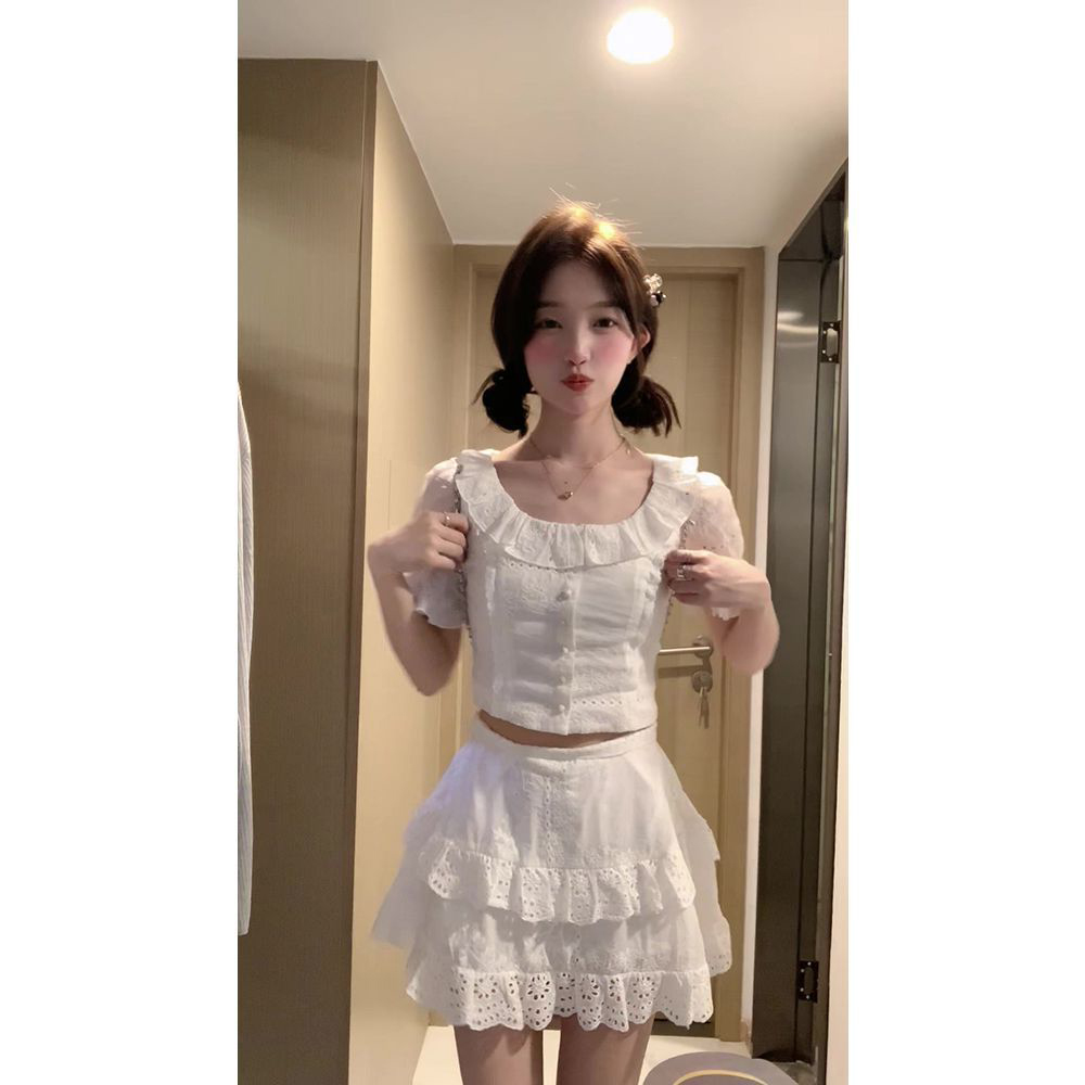 白月光芭蕾风套装女夏季刺绣蕾丝公主裙短袖高级感气质两件套新款