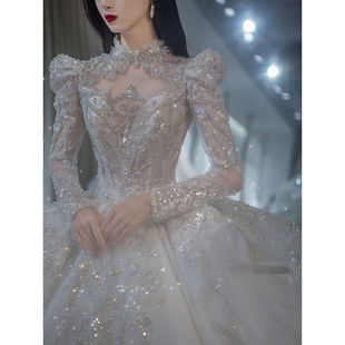 琊沫婚纱新娘主纱长袖 主婚纱2023新娘大拖尾重工小个子星空宫廷风