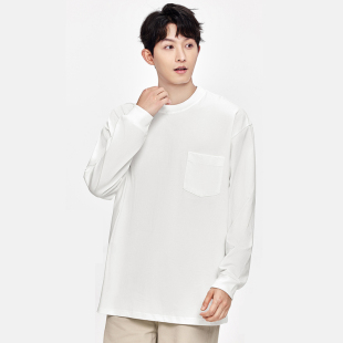 纯棉口袋长袖 日系内搭T t恤男250g重磅春秋白色圆领宽松纯色打底衫