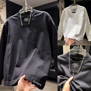 卫衣圆领小字母印花破洞长袖 新款 T恤痞帅高级风上衣 2025秋季 男款