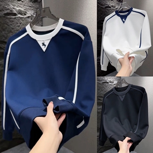 秋季新款潮牌卫衣男潮流百搭拼色圆领长袖上衣战马刺绣休闲打底衫