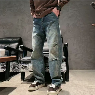 款 潮流百搭长裤 美式 男休闲宽松痞帅弯刀裤 复古掐褶水洗牛仔裤 四季