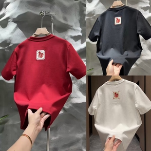 2026新款加厚短袖男女同款马形福字T恤国潮刺绣百搭纯色半袖打底