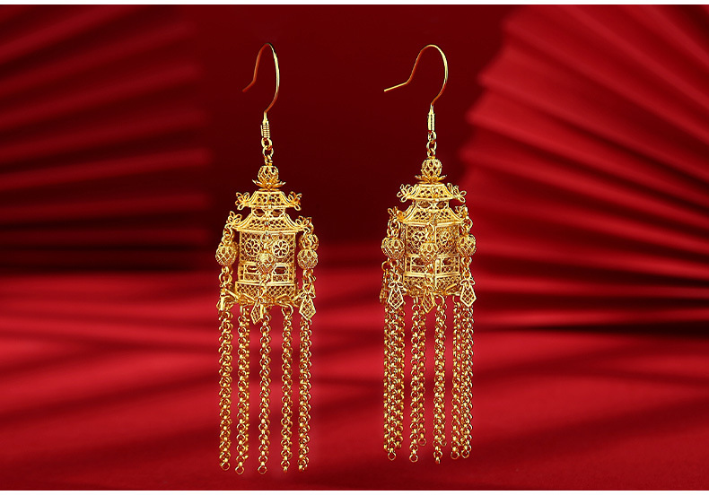 宫灯足银S990银镀金累丝花丝耳环中国风宫灯流苏国风耳饰汉服明代