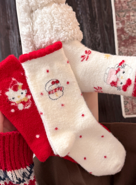 袜子女秋冬款澳绒可爱kt长袜红色卡通本命年加绒加厚中筒袜新年袜
