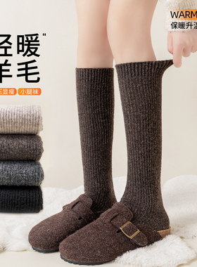 羊毛小腿袜女款秋冬季保暖长筒袜加绒加厚冬天咖色双针显瘦高筒袜