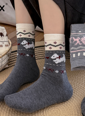 灰色羊毛袜子女秋冬款中筒袜加厚保暖复古费尔岛羊绒小狗冬天长袜