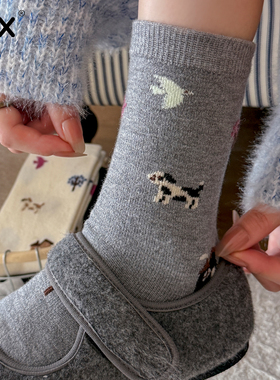 灰色羊毛袜子女中筒袜秋冬加绒加厚保暖日系冬天堆堆长袜配勃肯鞋