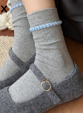 灰色袜子女纯棉春秋款中筒袜刺绣蝴蝶结秋季搭配小皮鞋芭蕾风长袜