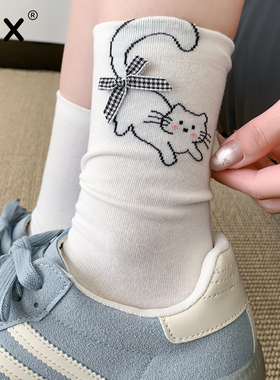 灰色袜子女夏季薄款无骨中筒棉袜可爱卡通日系少女蝴蝶结堆堆长袜