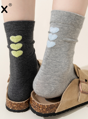 爱心植绒点子纱袜子女中筒袜ins潮纯棉春秋季日系秋天无骨堆堆袜