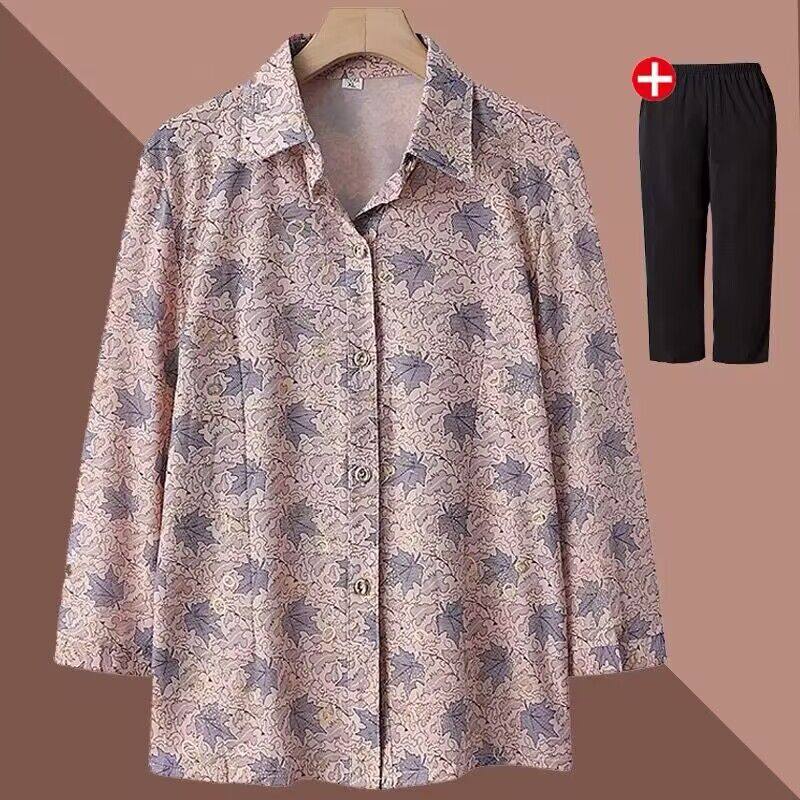 เสื้อเชิ้ตแขนยาวฤดูร้อนสำหรับคุณย่า ชุดสูทสองชิ้นแขนสามส่วนสำหรับคุณแม่ผู้สูงอายุอายุ 70 ปี เสื้อผ้าเนื้อบางเบาสำหรับสตรีสูงวัยและผู้สูงอายุ
