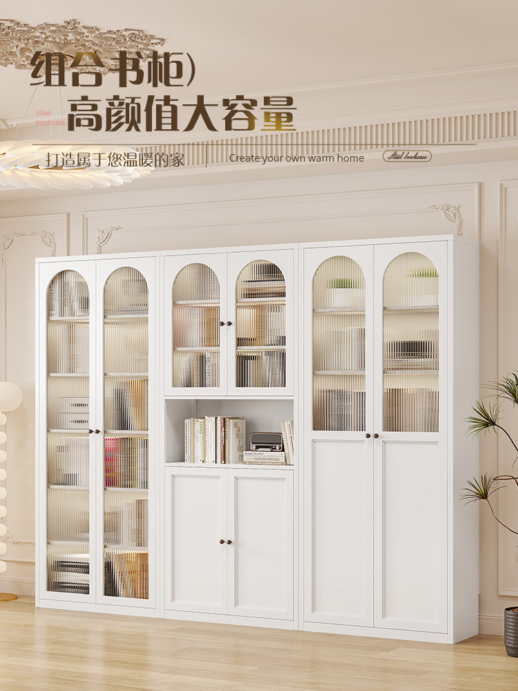家用钢制书柜带玻璃双门客厅陈列柜落地防尘书架展示柜铁皮储物柜