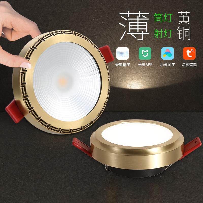 智能新中式超薄筒灯嵌入式家用玄关走廊过道金色全铜孔灯轻奢射灯