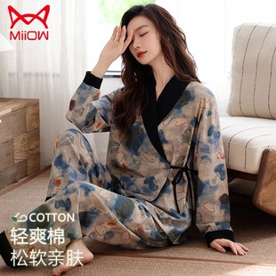 猫人睡衣女款春秋纯棉长袖2025新款秋季秋款女士大码和服女家居服