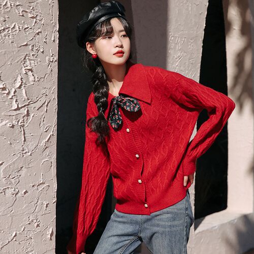 Lapel single-breasted knit sweater coat for women