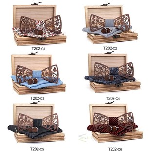 Mens 4PCS Wooden bow Tie Set Men Handkerchief wood Bowtie Cu