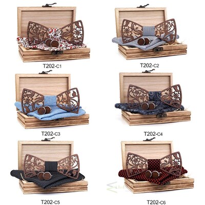 Mens 4PCS Wooden bow Tie Set Men Handkerchief wood Bowtie Cu