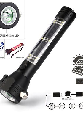 Solar Power LED Flashlight 9 in 1 Multi-Functional Safety Ha