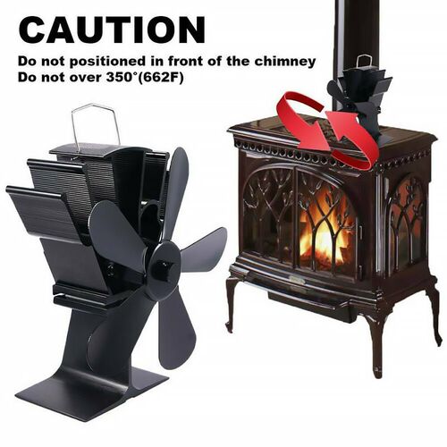 5 Blades Heat Powered Stove Fan Log Wood Burner Quiet Black