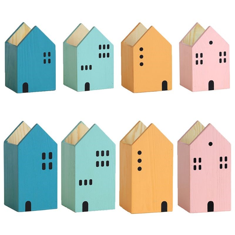 House Shape Wooden Pencil Pen Holder Desktop Organizer Conta
