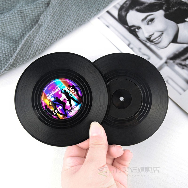 4 6 PCS Plastic Vinyl Record Coaster Cup Mat Black Retro Mug