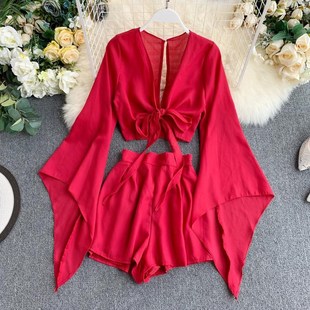 2021 New Summer 2 Piece Outfits For Women Flare Sleeve Crop
