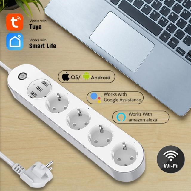 Tuya WiFi Power Strip With 1.5m Cable 4 EU Plug 3 USB Chargi